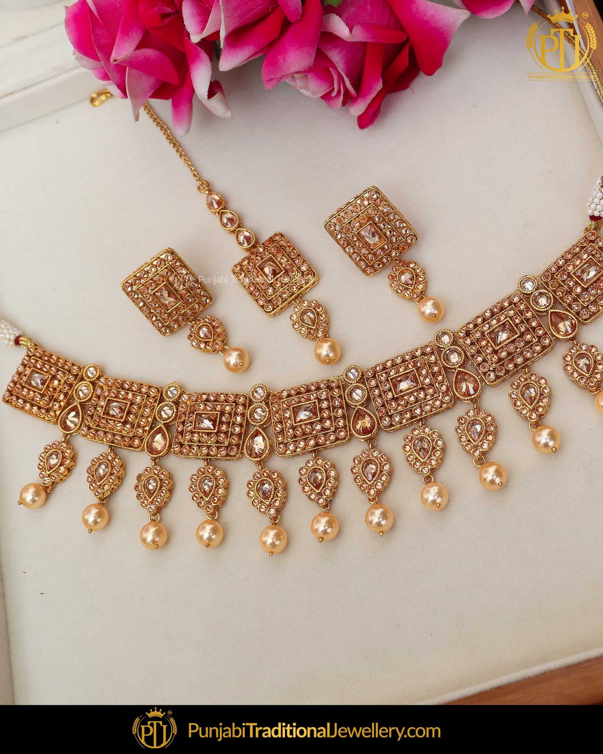 Gold Finished Chamapgne Stone Pearl Necklace Set | Punjabi Traditional Jewellery Exclusive