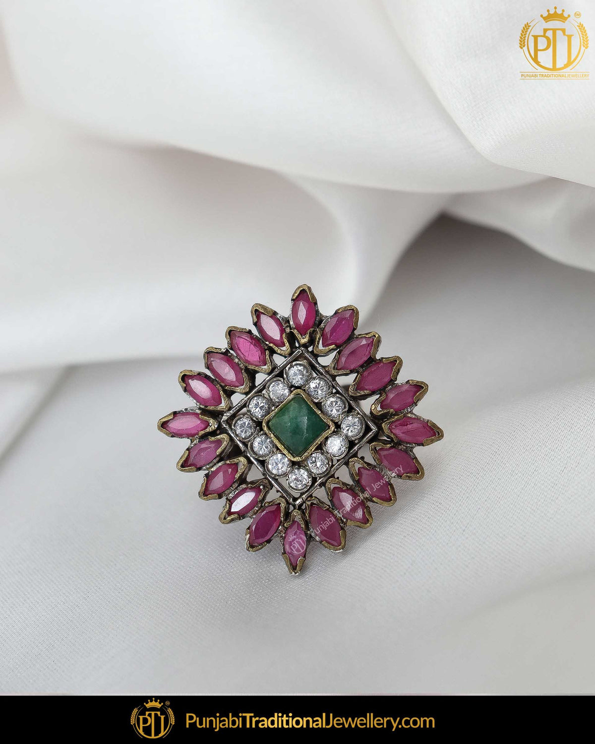 Gold Finished Rubby Emerald Ring | Punjabi Traditional Jewellery Exclusive
