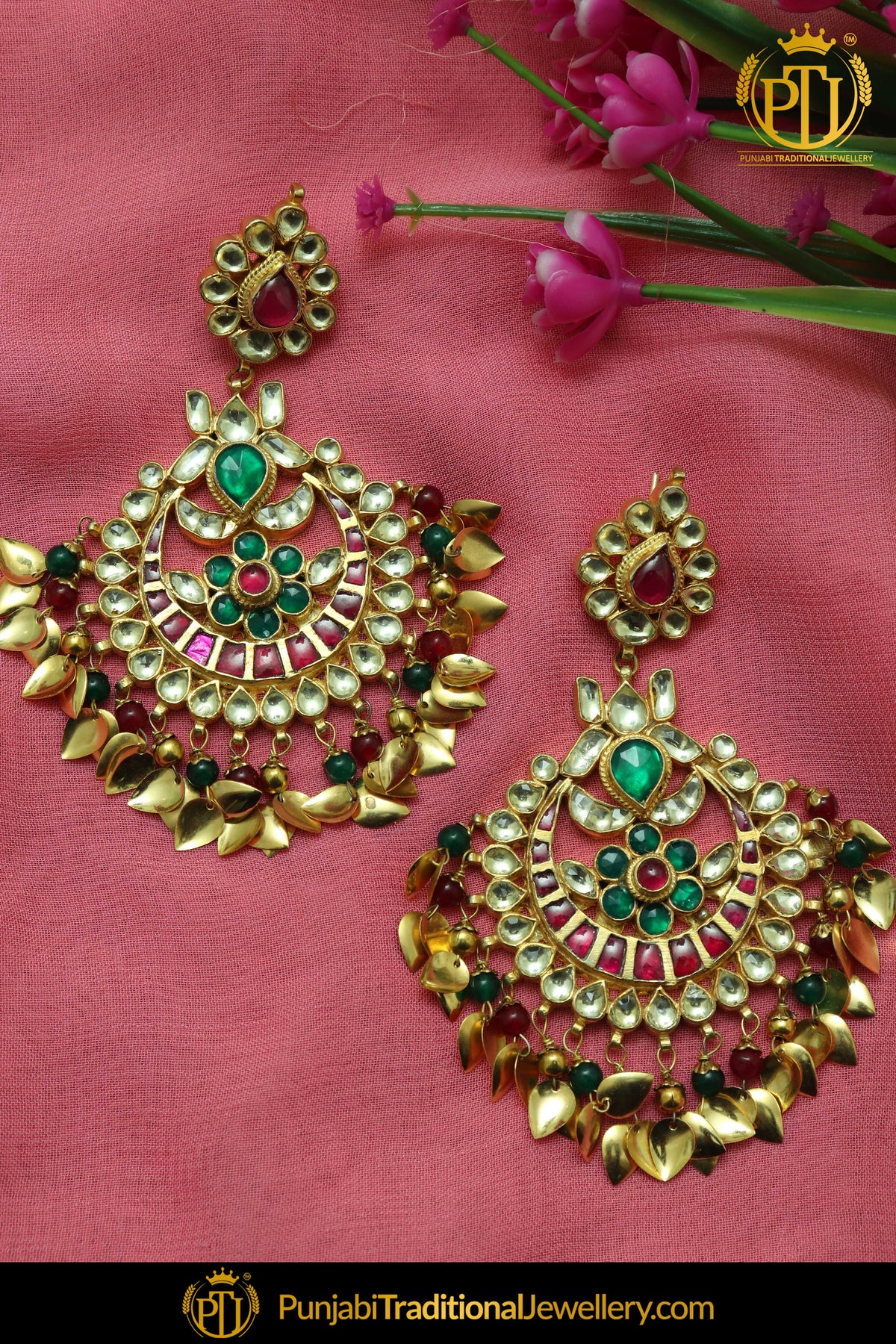 Rubby Panna Pippal Patti Kundan Earrings | Punjabi Traditional Jewellery Exclusive