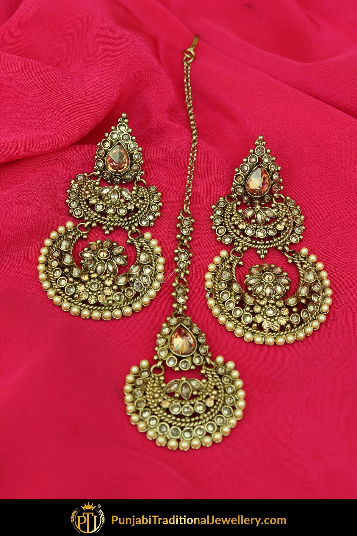 Antique Gold Finised Champagne Stone Earring Tikka Set By Punjabi Traditional Jewellery