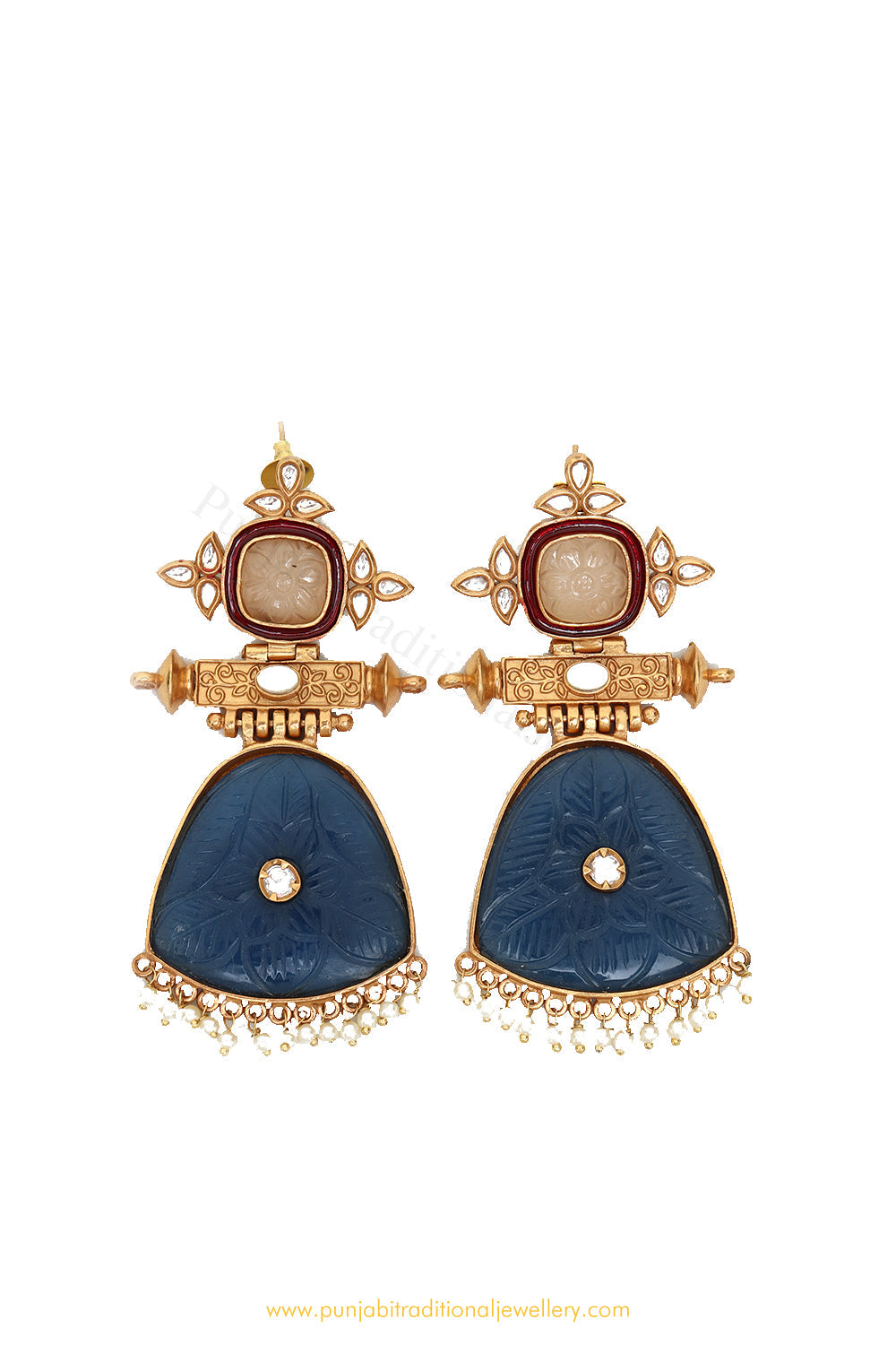 Gold Finished Blue Kundan Earrings by PTJ