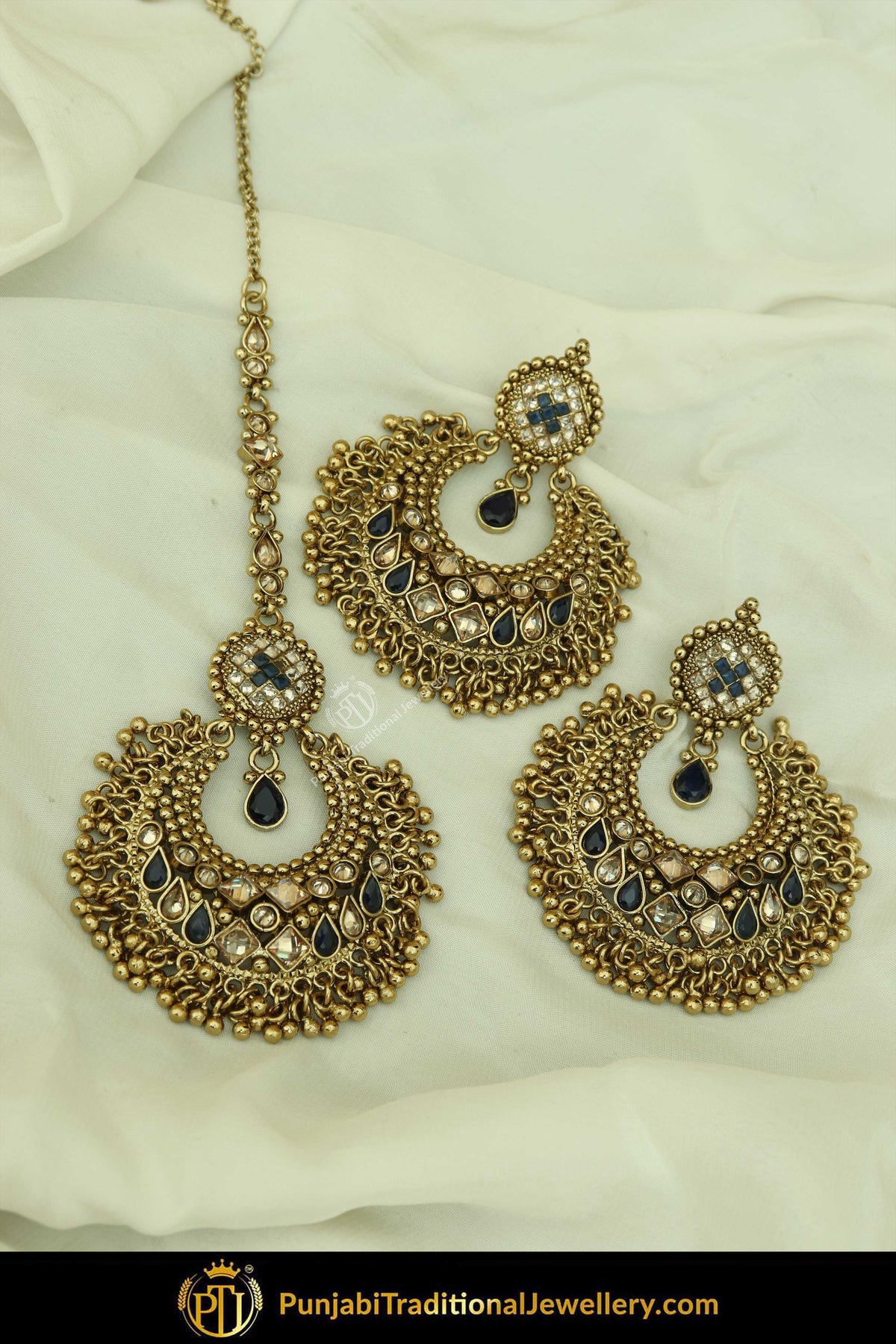 Antique Gold Finised Champagne Stone Blue Earring Tikka Set By Punjabi Traditional Jewellery