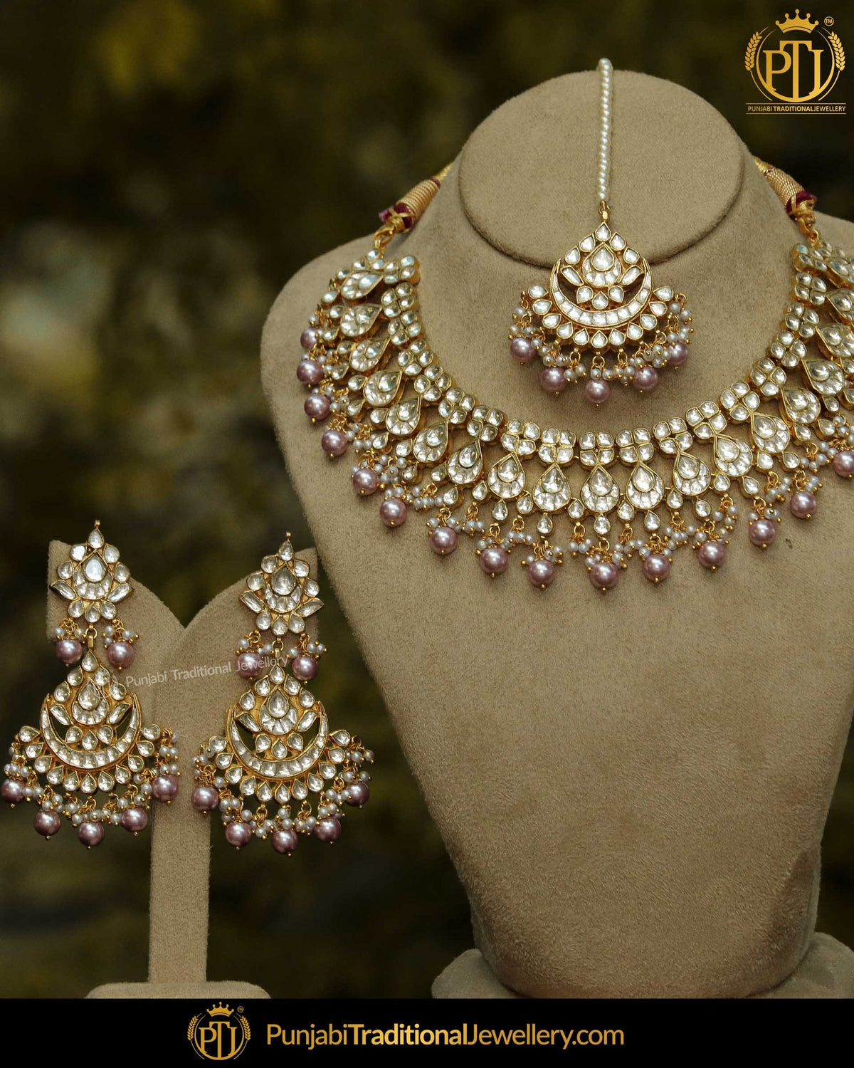 Gold Finished Metallic Pink Pearl Kundan Stone only Necklace Set | Punjabi Traditional Jewellery Exclusive
