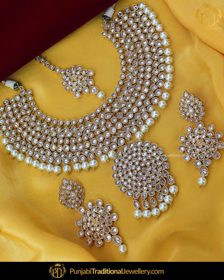 SIlver Gold Finished Pearl Polki Necklace Set | Punjabi Traditional Jewellery Exclusive