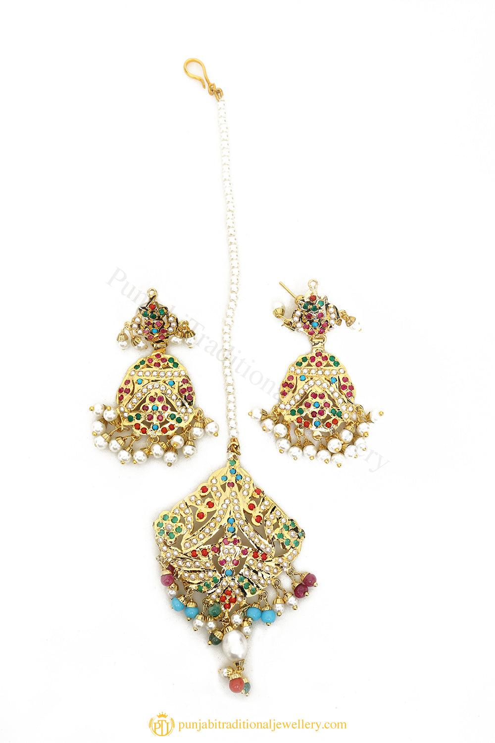 Gold Finished Earrings & Tikka Set by PTJ