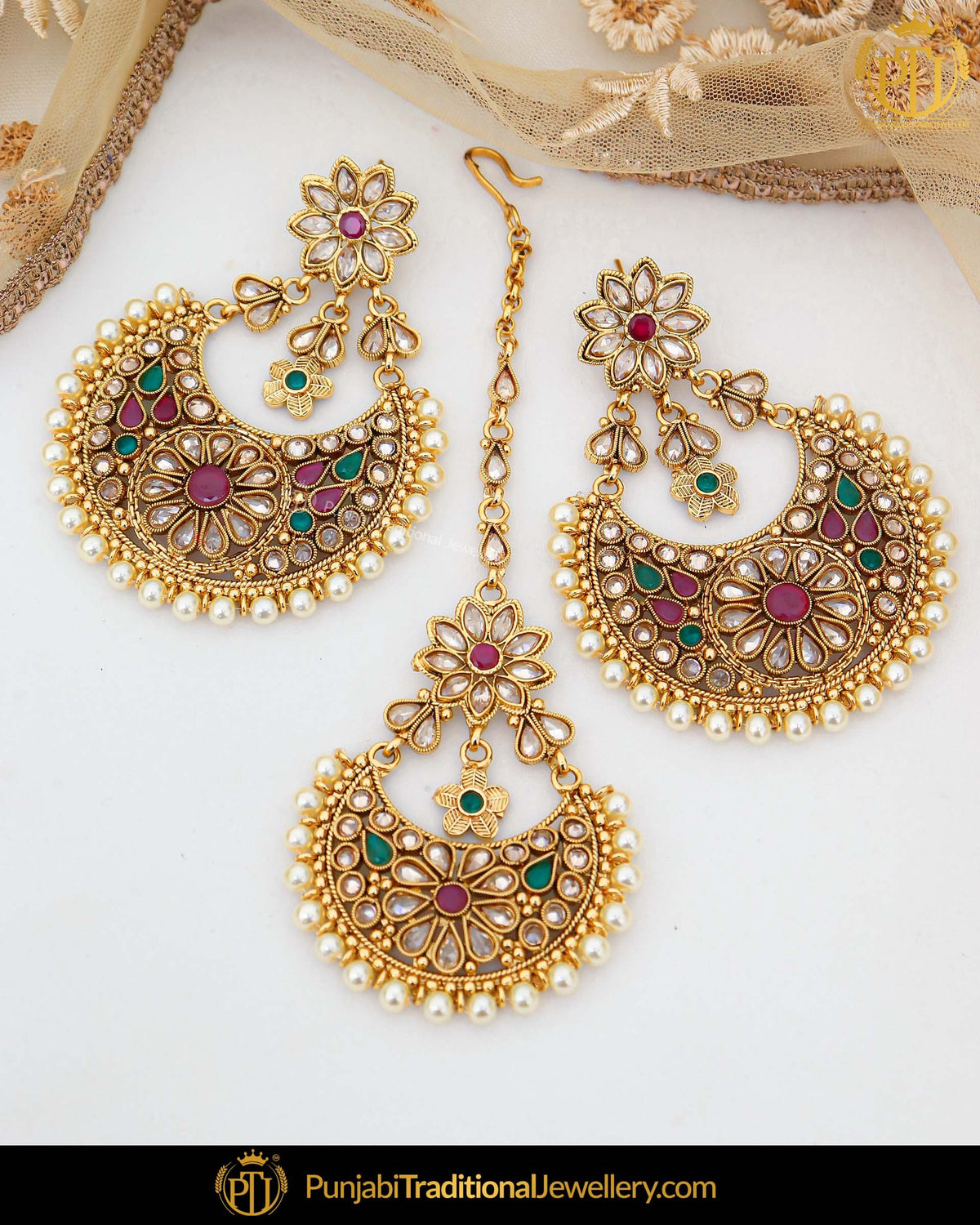 Antique Gold Finished Rubby Green Pearl Polki Earring Tikka Set | Punjabi Traditional Jewellery Exclusive