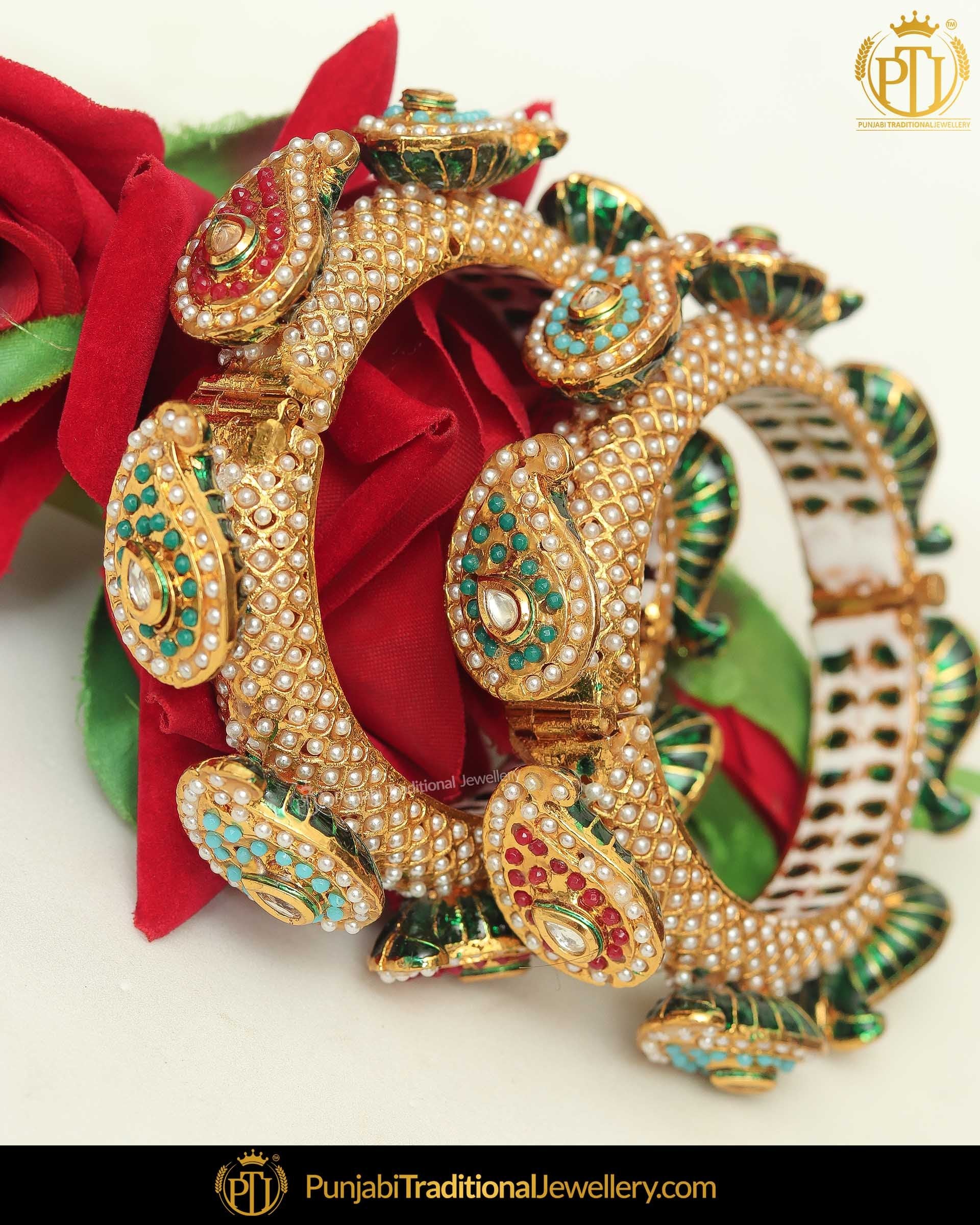 Gold Finished Multi Pearl Karra Bangles (Pair)| Punjabi Traditional Jewellery Exclusive