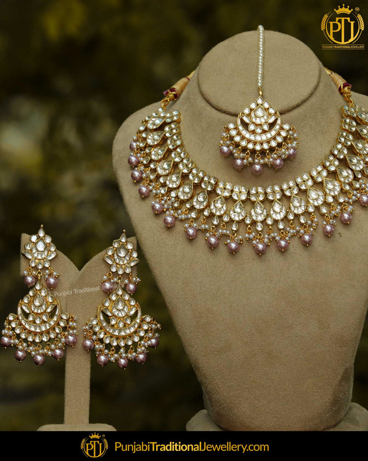 Kundan Metallic Pink Pearl Necklace & Earrings | Punjabi Traditional Jewellery Exclusive