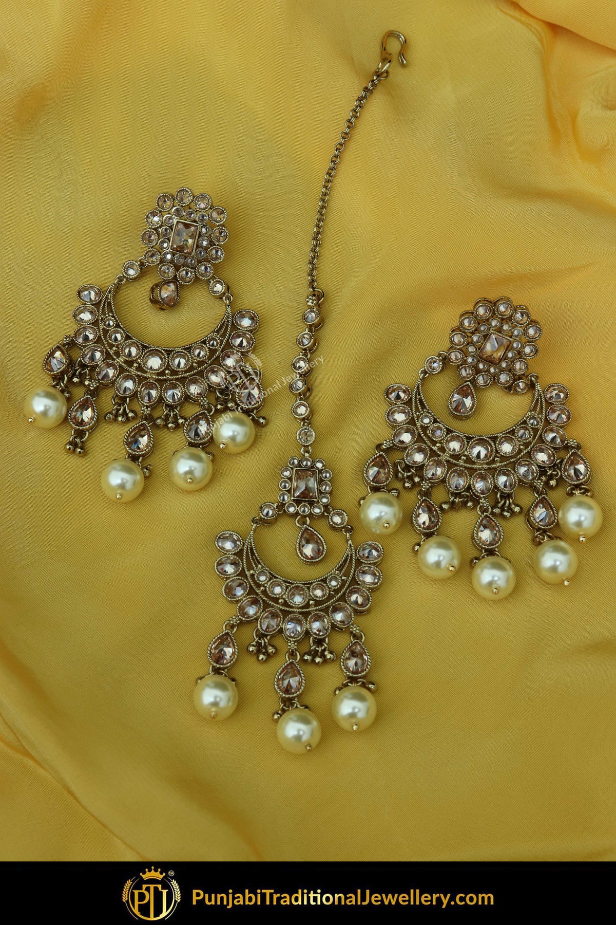 Antique Gold Finised Champagne Stone Pearl Earring Tikka Set By Punjabi Traditional Jewellery