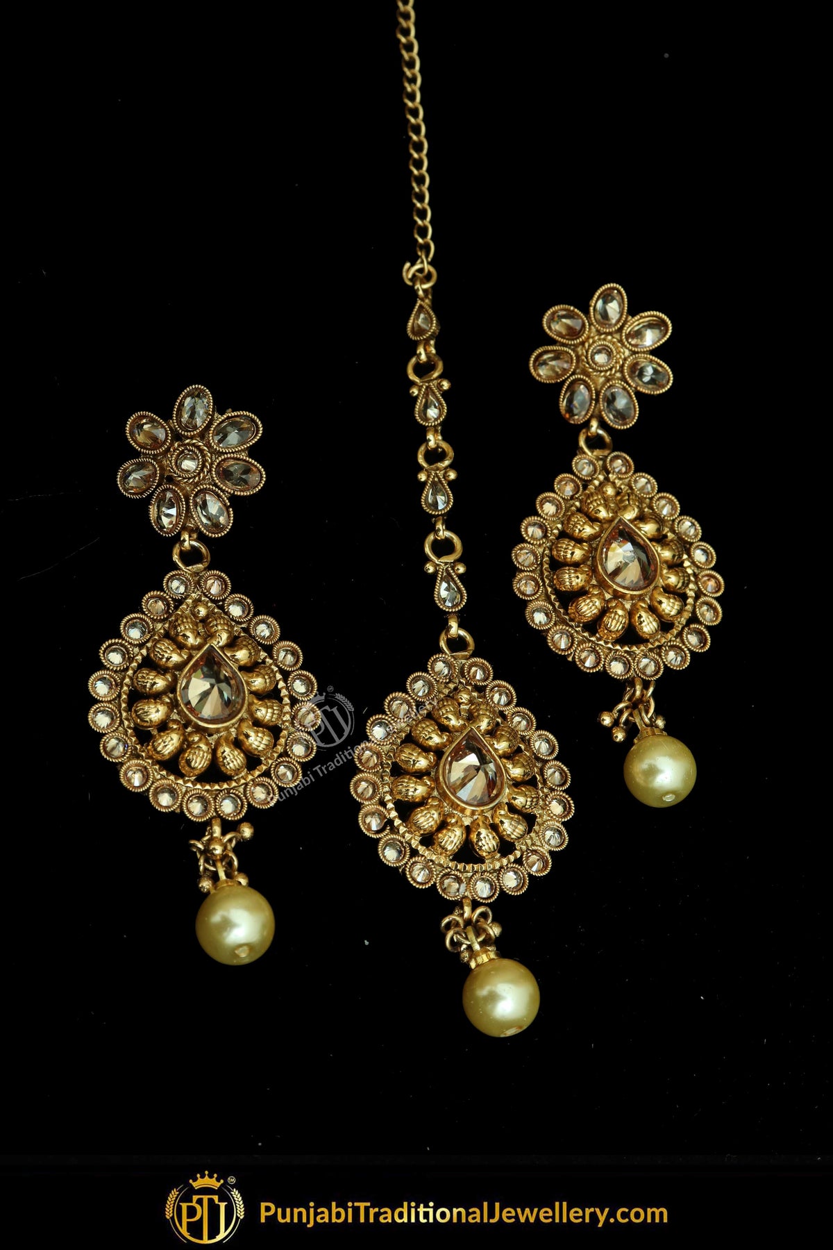 Antique Gold Finised Champagne Stone Earring Tikka Set By Punjabi Traditional Jewellery