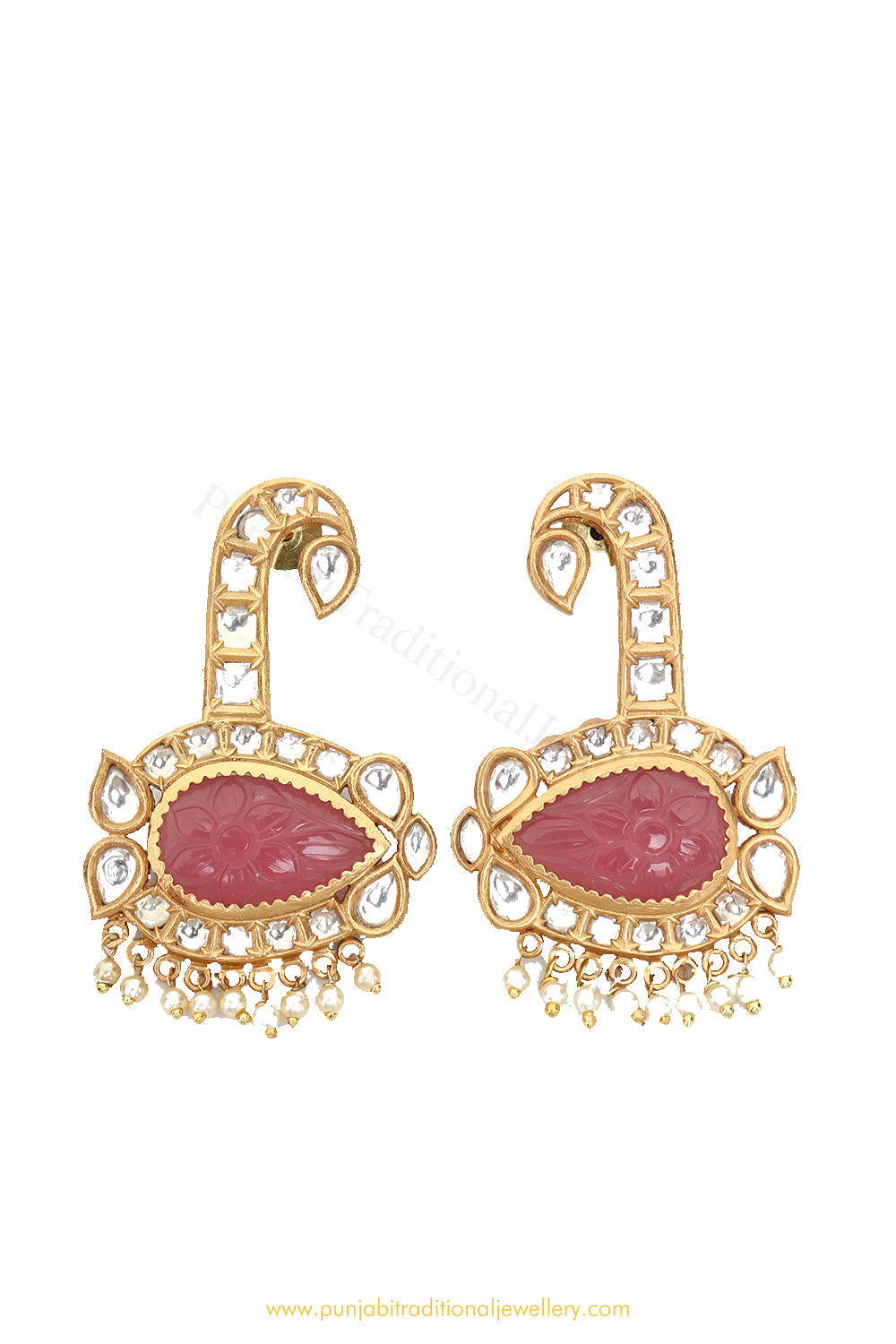 Gold Finished Pink Kundan Earrings by PTJ