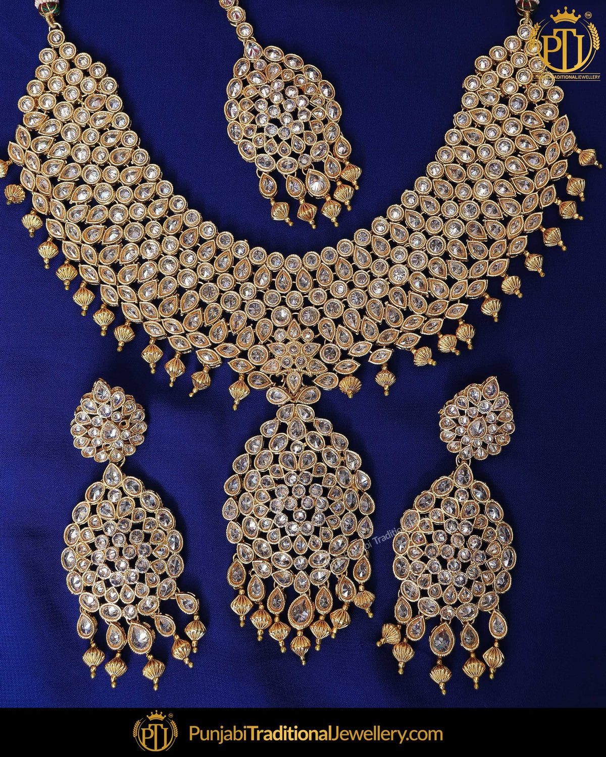 Antique Gold Finished Chamapgne Stone Pearl Necklace Set | Punjabi Traditional Jewellery Exclusive