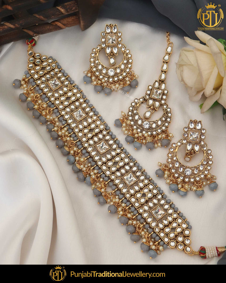 Gold Finished Kundan Gray Pearl Choker Necklace Set | Punjabi Traditional Jewellery Exclusive