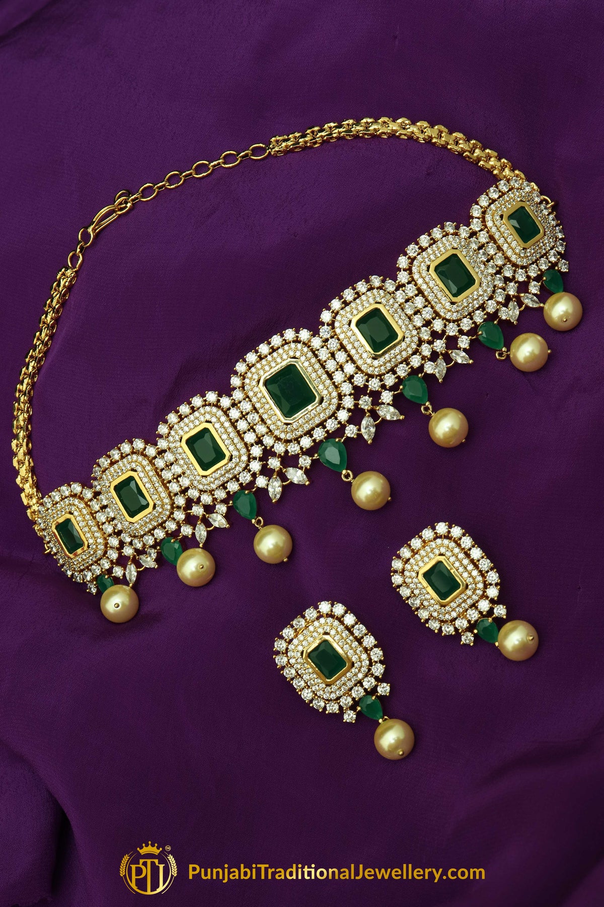 Ghadah Gold Finished Green Pearl American diamond Choker Set & Earrings | Punjabi Traditional Jewellery Exclusive