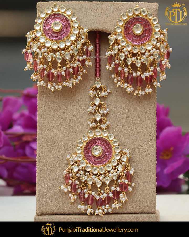 Hand Painted Pink Kundan Pearl Earring Tikka Set | Punjabi Traditional Jewellery Exclusive