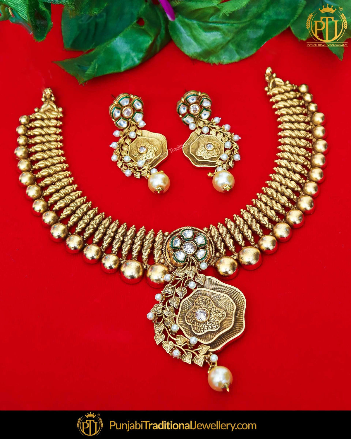 Antique Gold Finished Kundan Pearl Johda Necklace Set  | Punjabi Traditional Jewellery Exclusive
