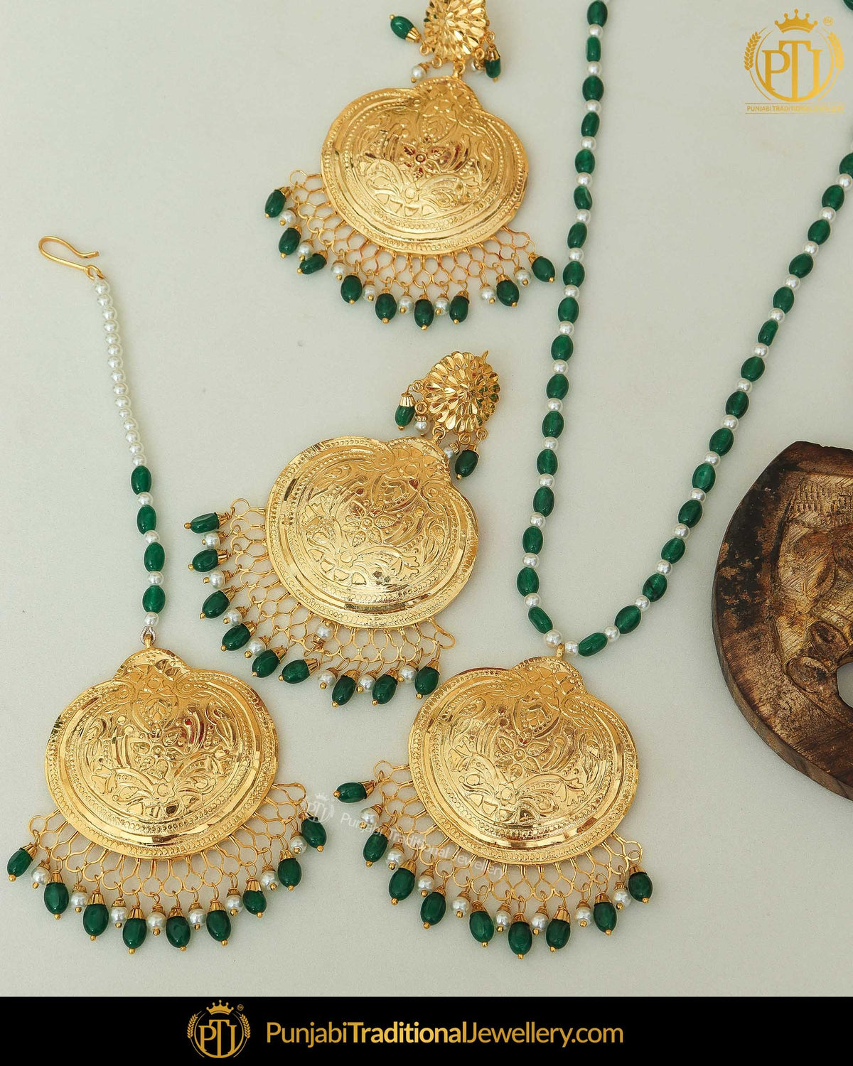 Gold Finished Pearl Emerald Patra Mala Necklace Set | Punjabi Traditional Jewellery Exclusive