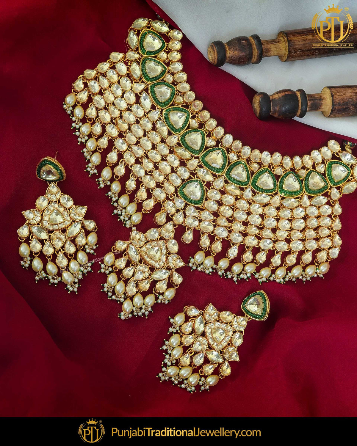 Gold Finished Emerald Kundan Bridal Necklace Set | Punjabi Traditional Jewellery Exclusive