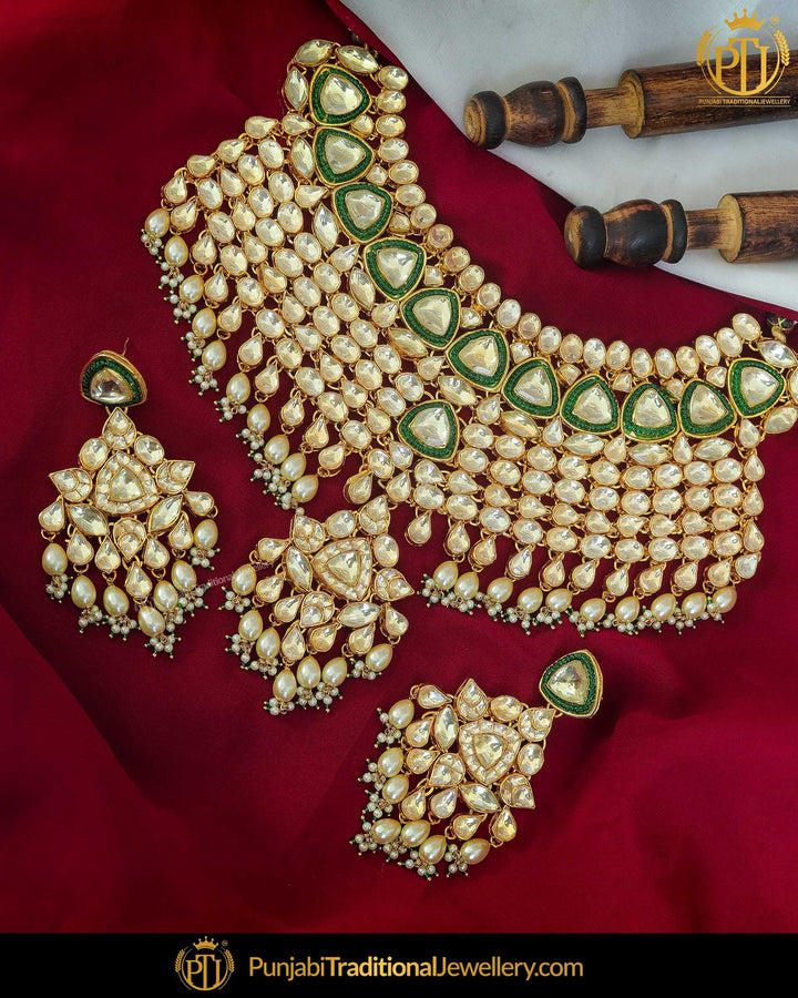 Gold Finished Emerald Kundan Bridal Necklace Set | Punjabi Traditional Jewellery Exclusive