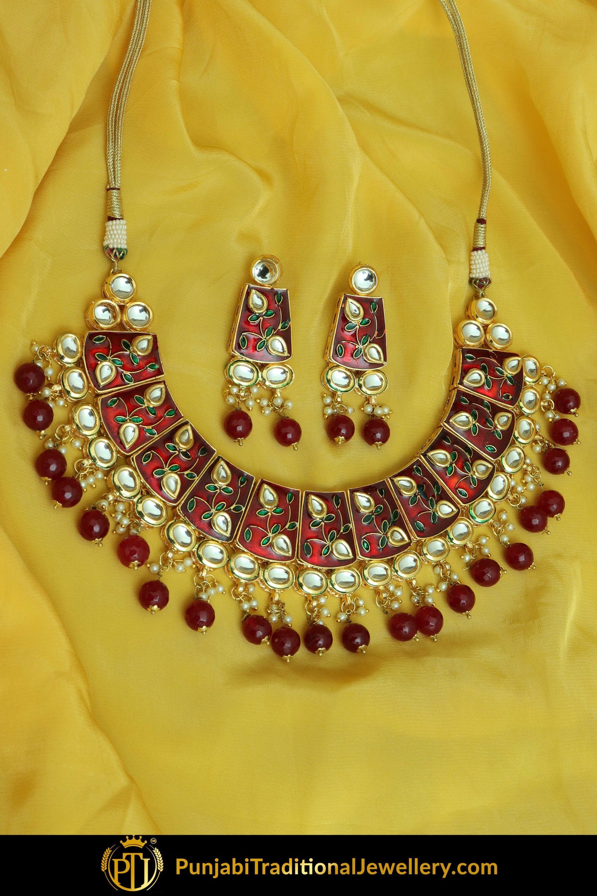 Jian Hand Painted Rubby Kundan Necklace Set & Earrings | Punjabi Traditional Jewellery Exclusive