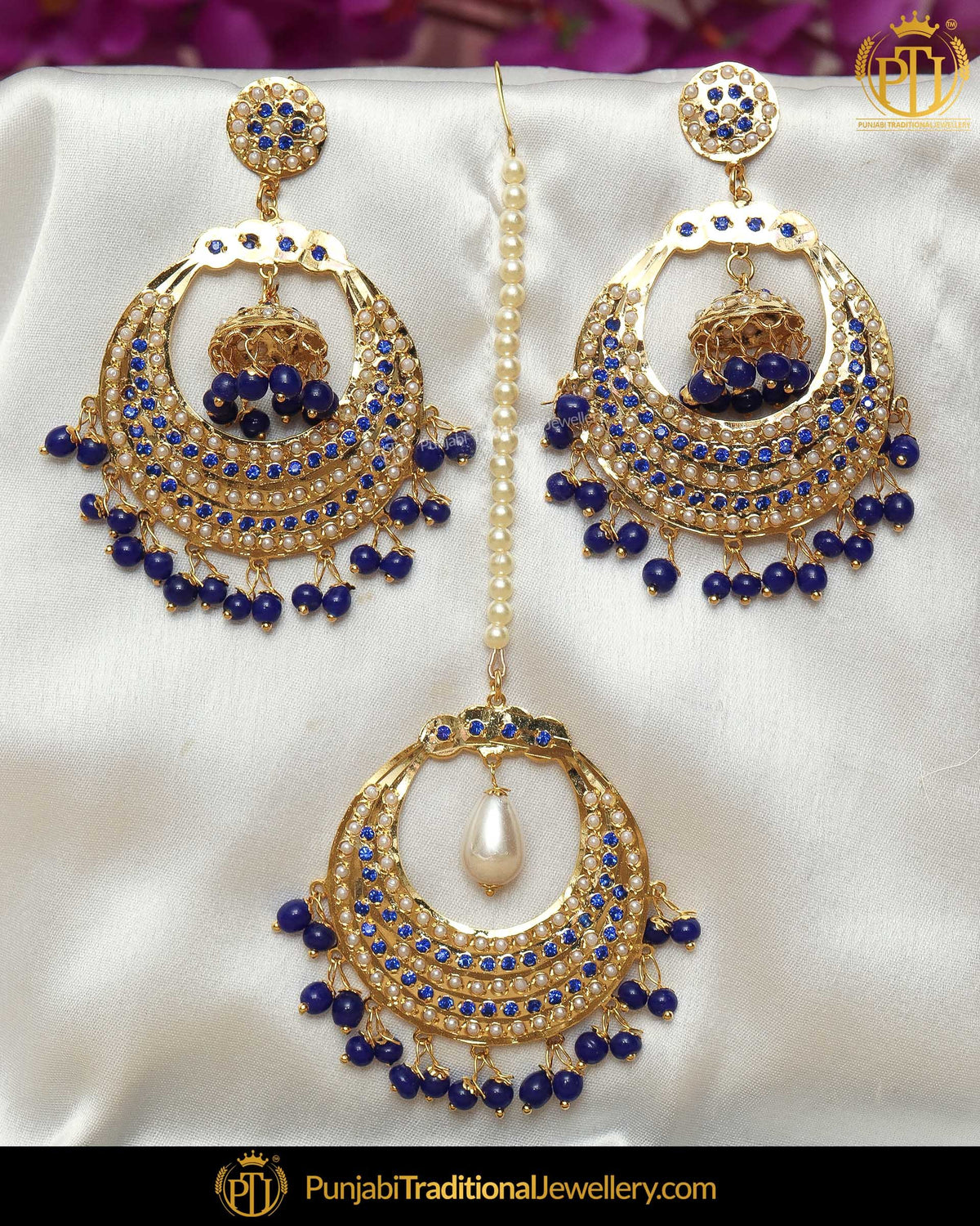 Gold Finished Blue Jadau Pearl Earring Tikka Set  | Punjabi Traditional Jewellery Exclusive