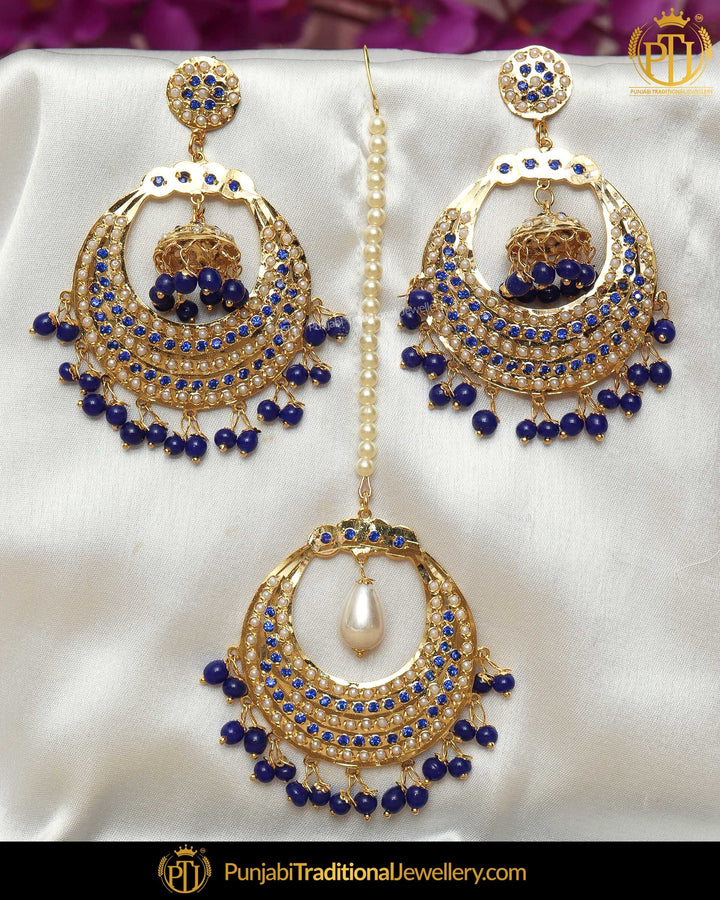 Gold Finished Blue Jadau Pearl Earring Tikka Set  | Punjabi Traditional Jewellery Exclusive