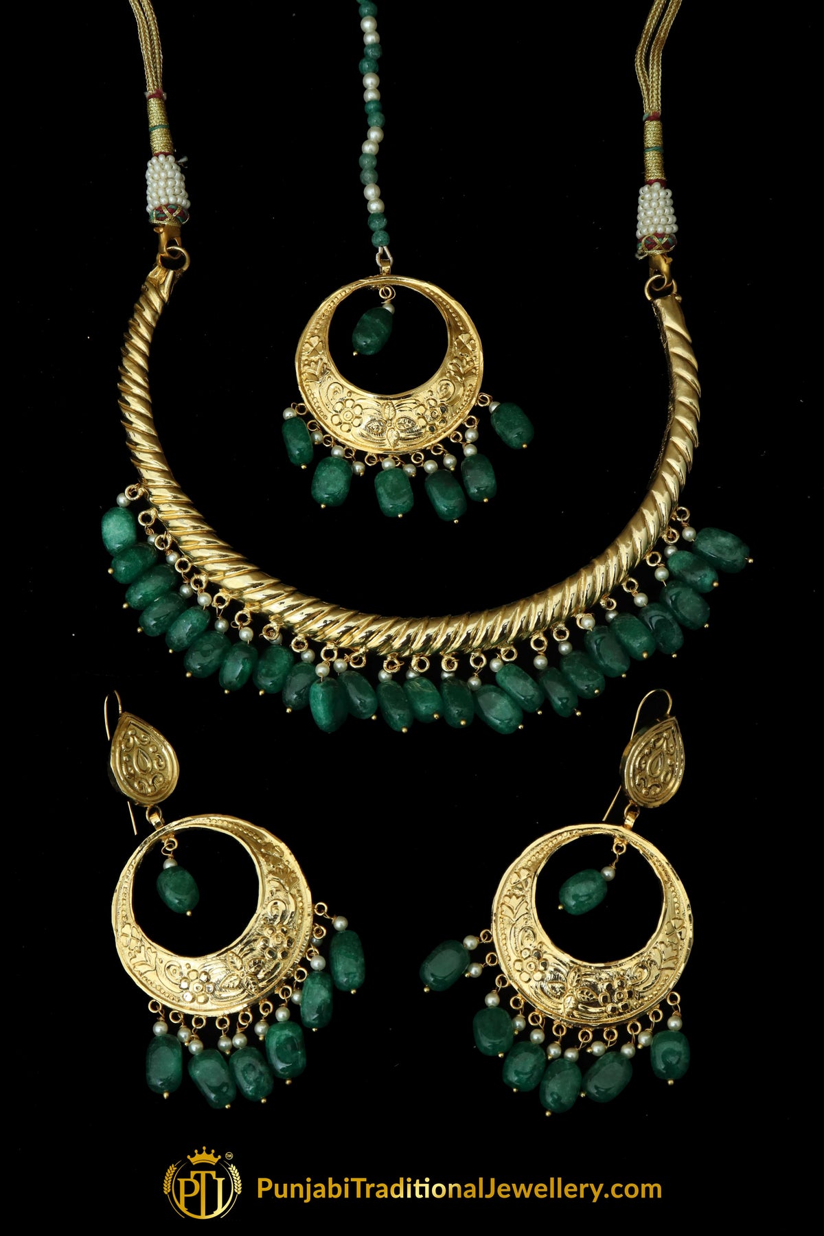 Hayat Gold Finished Emerald Hasli Necklace, Tikka & Earrings | Punjabi Traditional Jewellery Exclusive