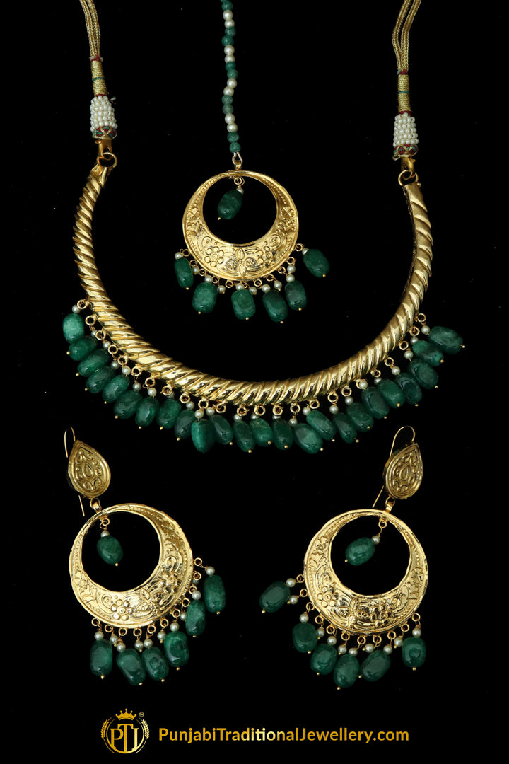 Hayat Gold Finished Emerald Hasli Necklace, Tikka & Earrings | Punjabi Traditional Jewellery Exclusive