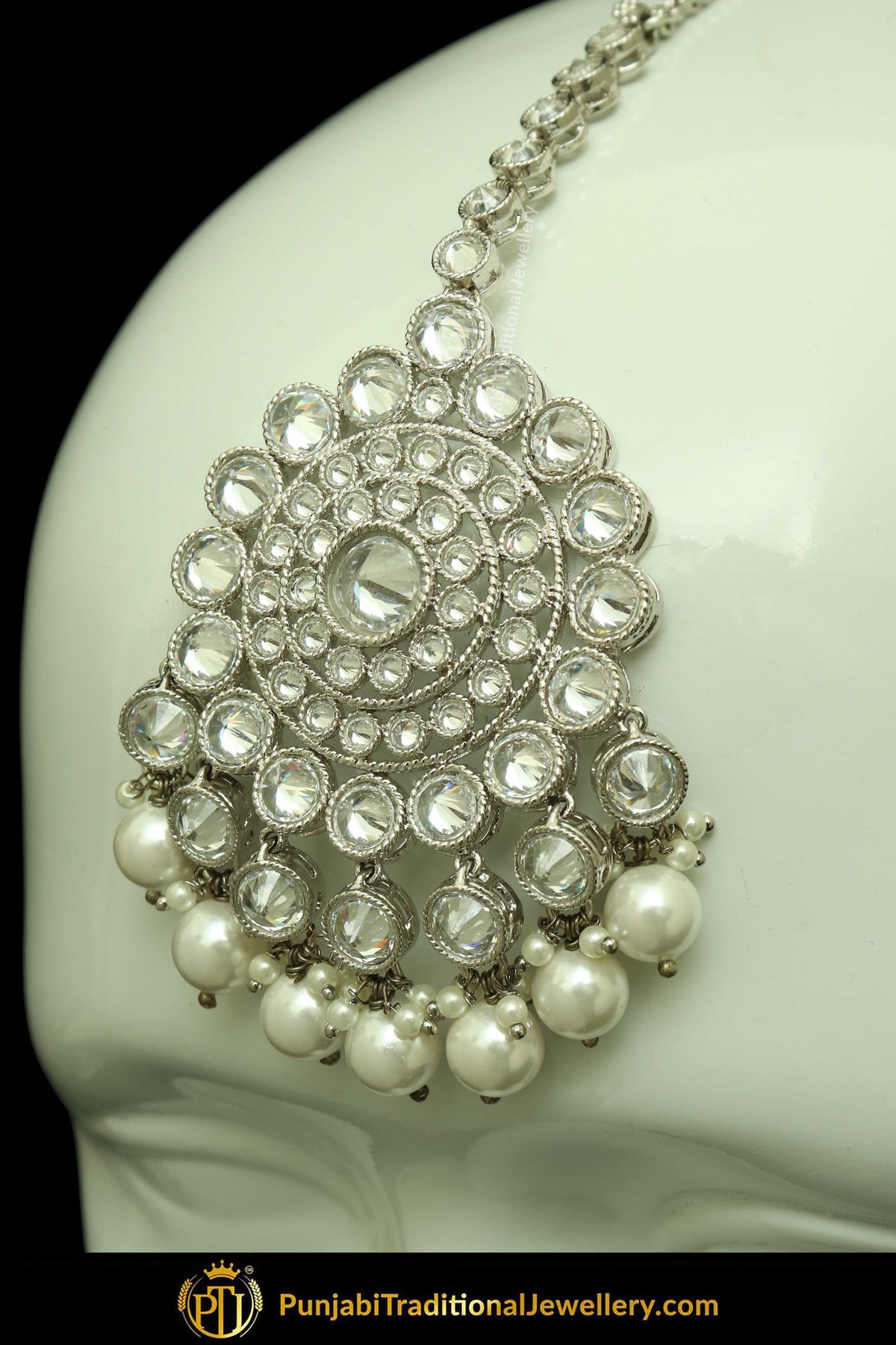 Silver Finished Polki Stone Pearl Earrings & Tikka Set By Punjabi Traditional Jewellery