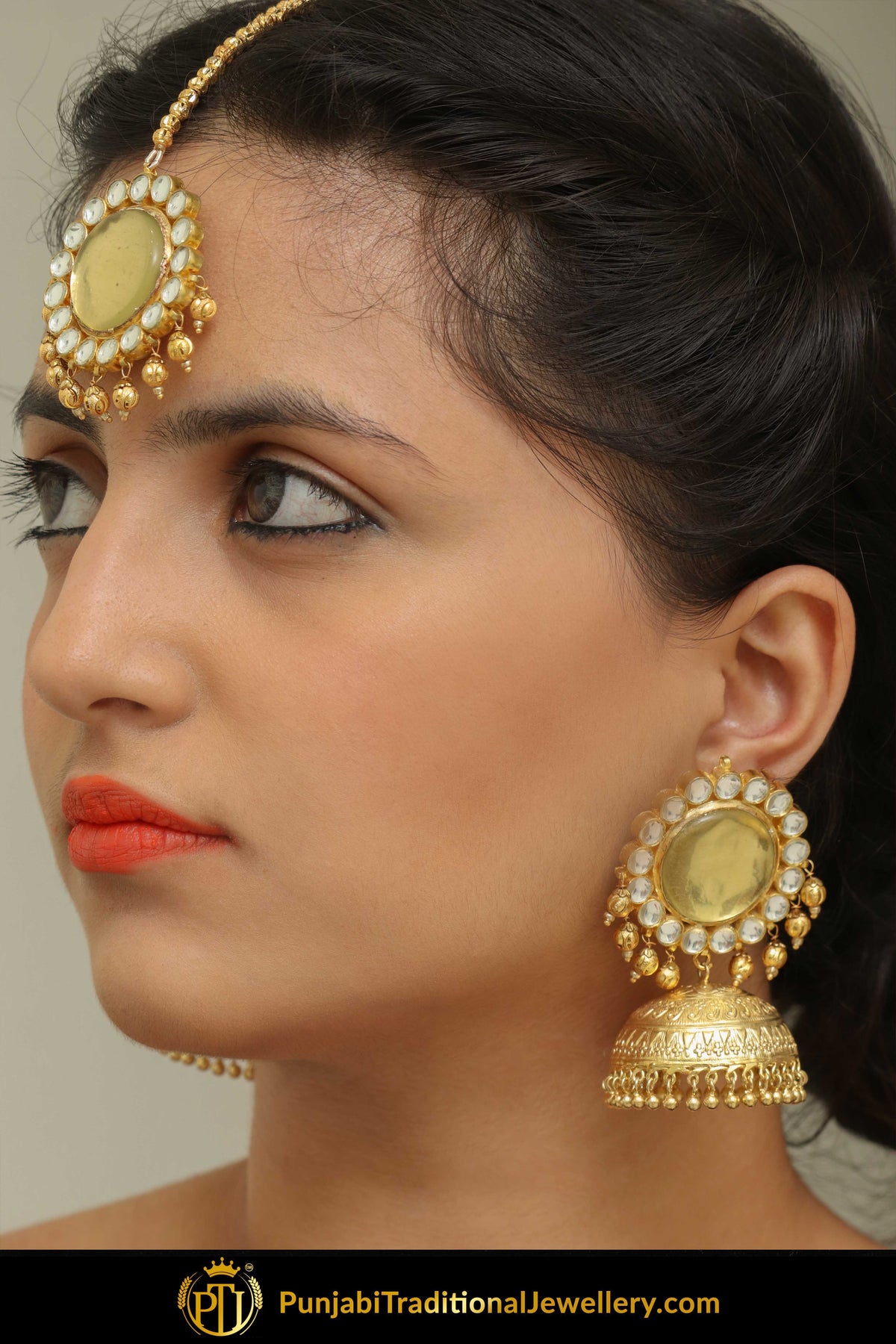 Ifra Gold Finished Pearl Golden Jhumki Kundan Earring Tikka Set | Punjabi Traditional Jewellery Exclusive