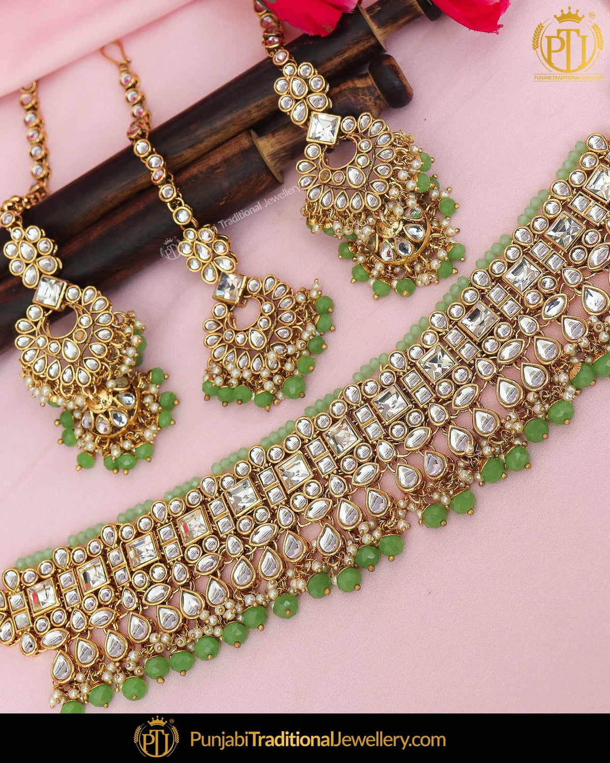 Gold Finished Green Kundan Pearl Choker Necklace & Sahare Earrings | Punjabi Traditional Jewellery Exclusive