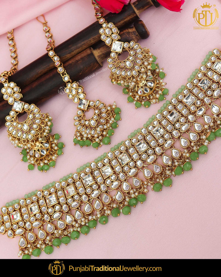 Gold Finished Green Kundan Pearl Choker Necklace & Sahare Earrings | Punjabi Traditional Jewellery Exclusive