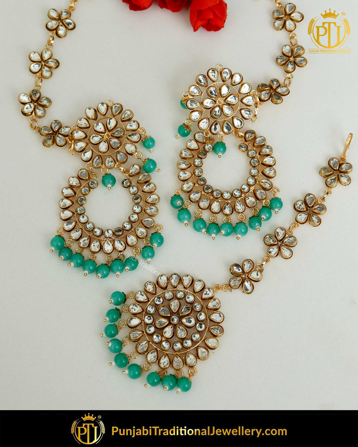 Gold Finished Pearl Ramagreen Kundan Sahare Earrings & Tikka Set | Punjabi Traditional Jewellery Exclusive