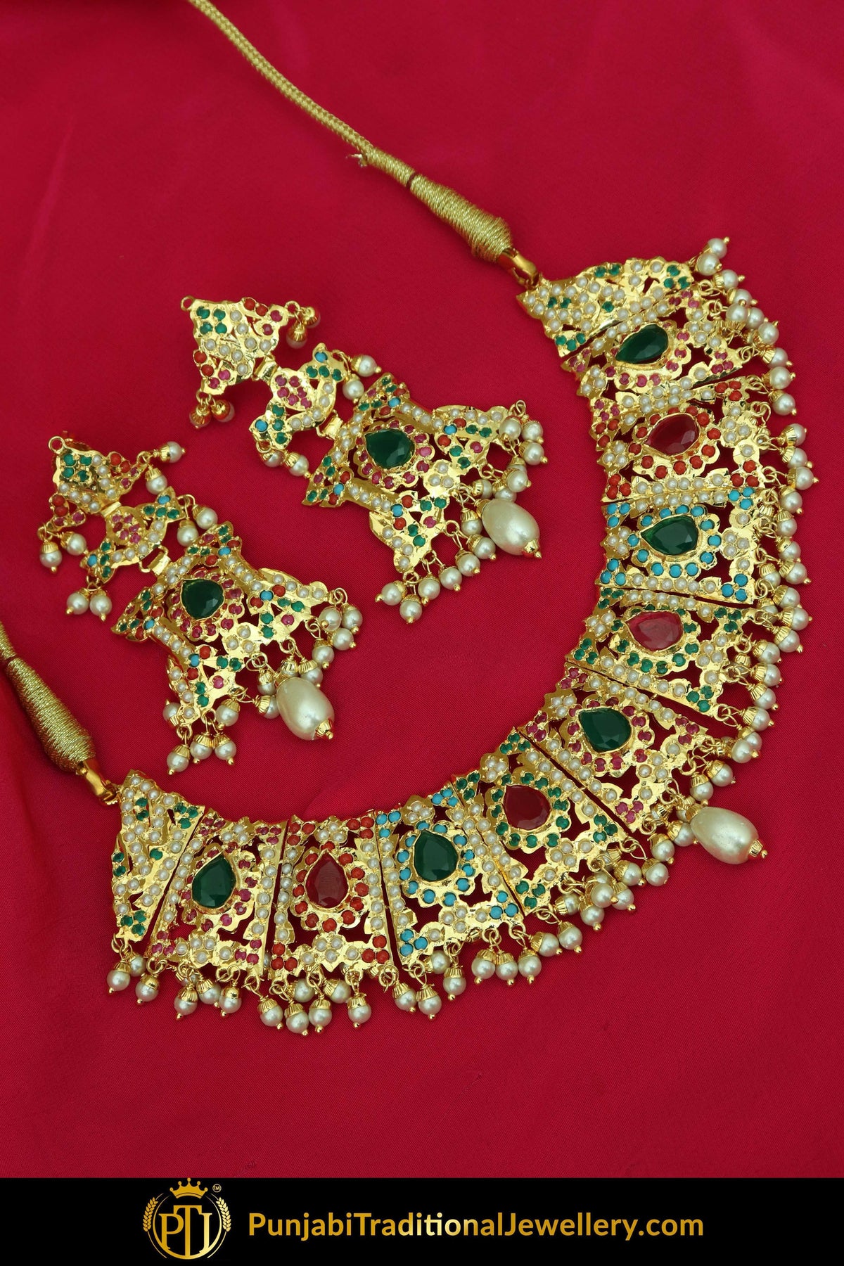 Jamilah Gold Finished Emerald Rubby Jadau Necklace & Earrings | Punjabi Traditional Jewellery Exclusive