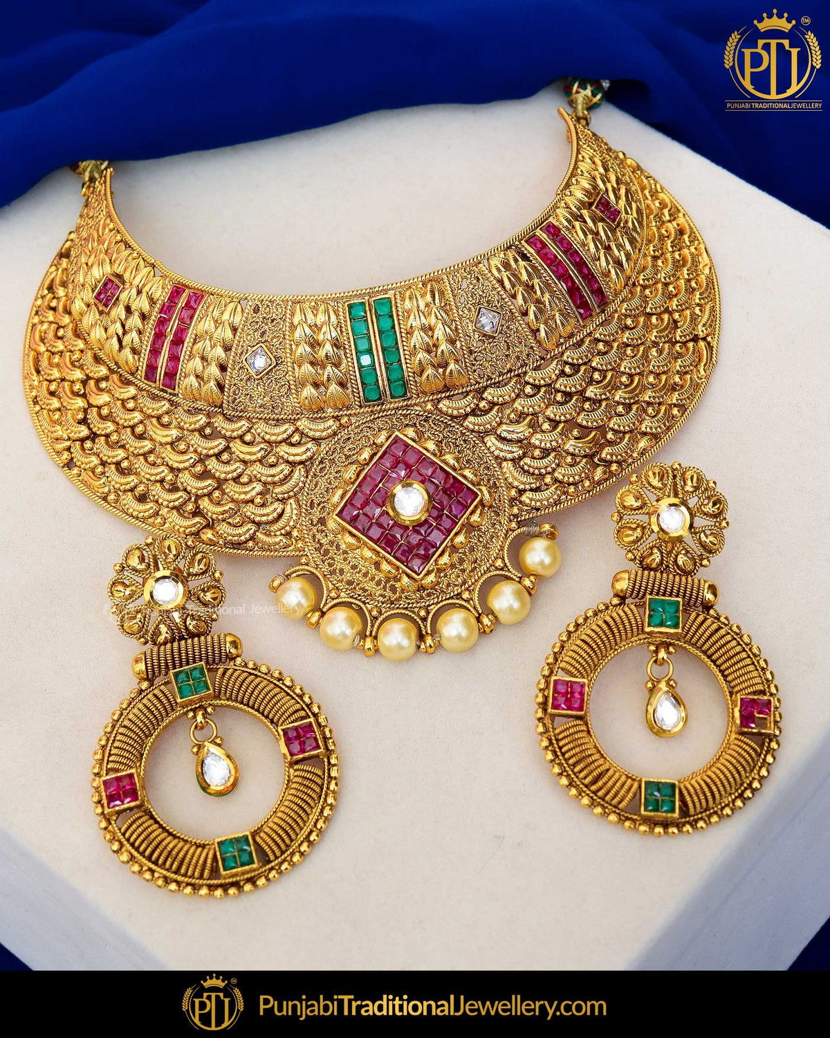 Antique Gold Finished Rubby Emerald Kundan Stone Pearl Choker Johda Necklace Set  | Punjabi Traditional Jewellery Exclusive