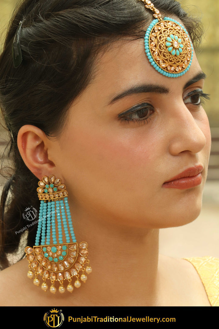 Bahira Gold Finished Firozi Chamapgne Stone Earring Tikka Set | Punjabi Traditional Jewellery Exclusive