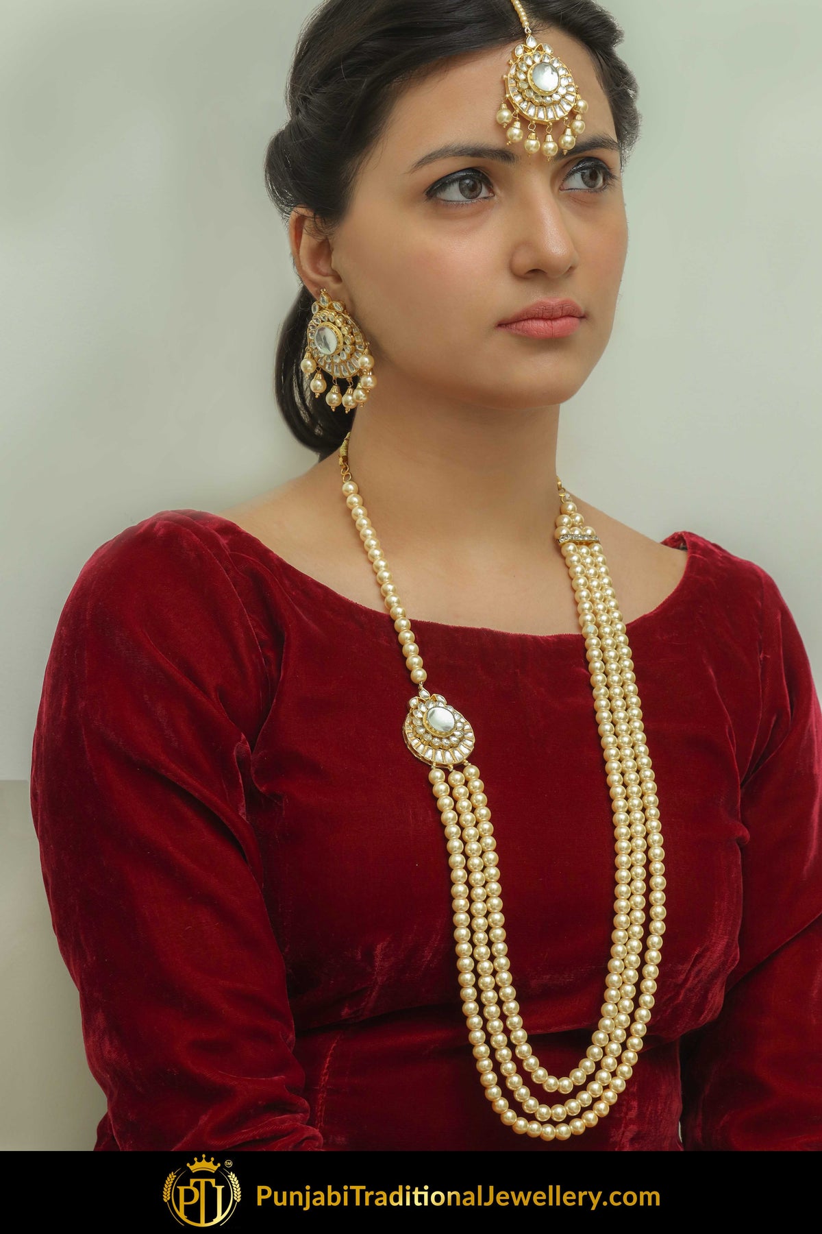 Fadilah Kundan Pearl Mala Set With Stud Earring Tikka Set | Punjabi Traditional Jewellery Exclusive