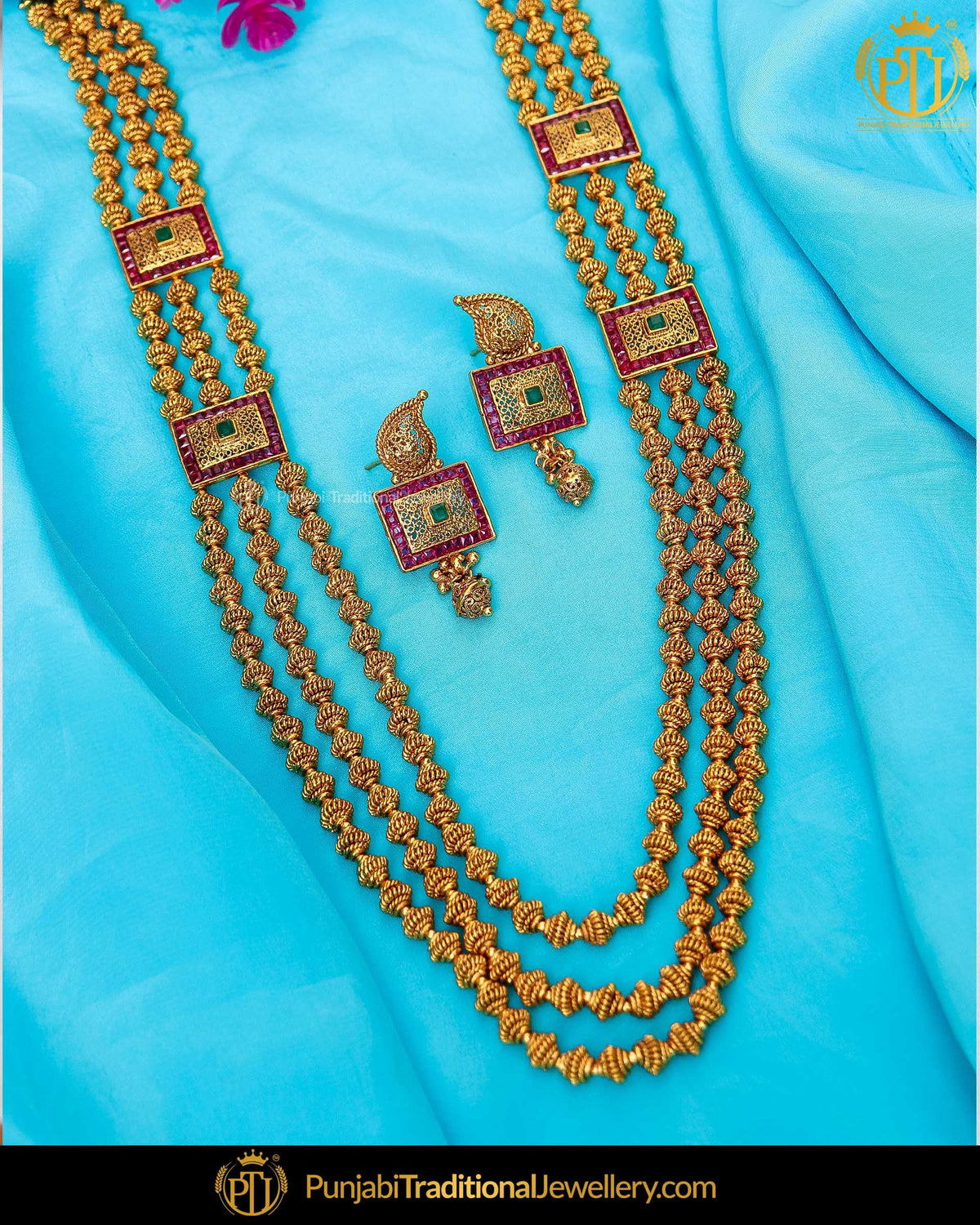 Antique Gold Finished Rubby Johda long Set  | Punjabi Traditional Jewellery Exclusive