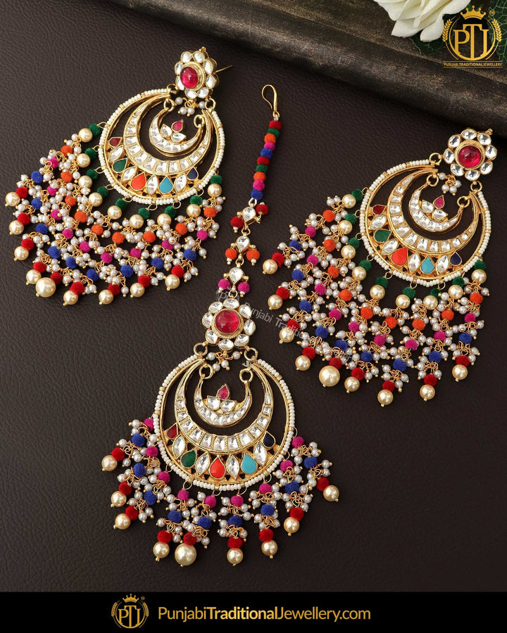 Gold Finished Navratan Kundan Pearl Earring Tikka Set | Punjabi Traditional Jewellery Exclusive