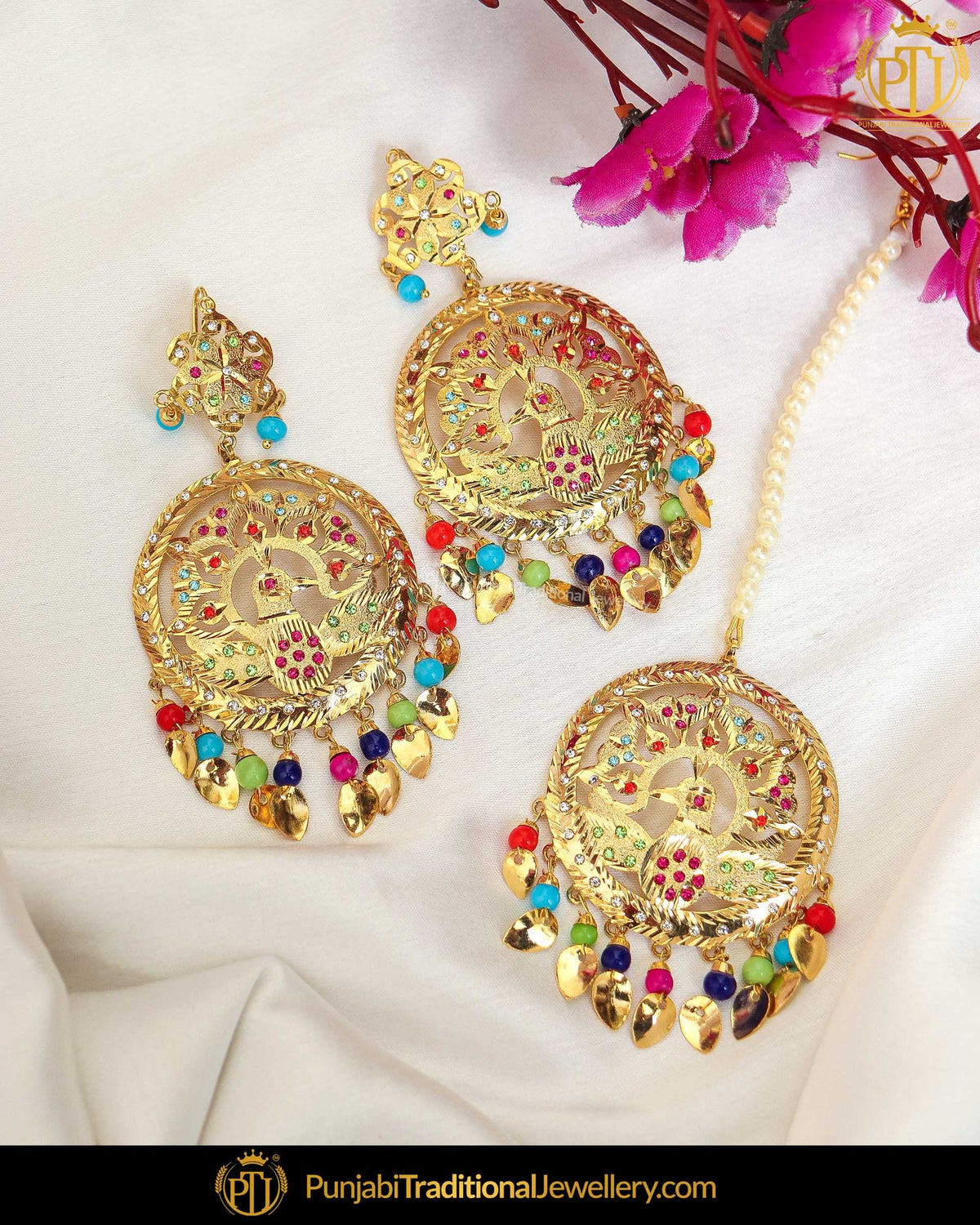 Gold Finished Jadau Navratan Pippal Patti Pearl Earring Tikka Set | Punjabi Traditional Jewellery Exclusive