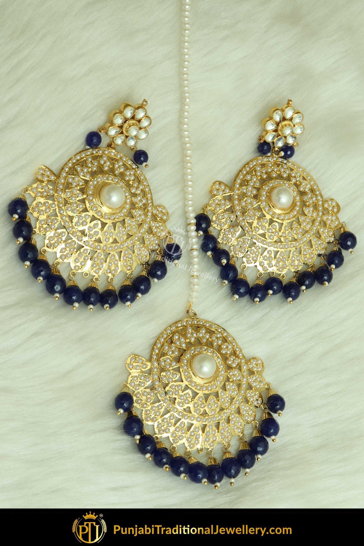 Gold Finished Blue Jadau Pearl Earring Tikka Set | Punjabi Traditional Jewellery Exclusive