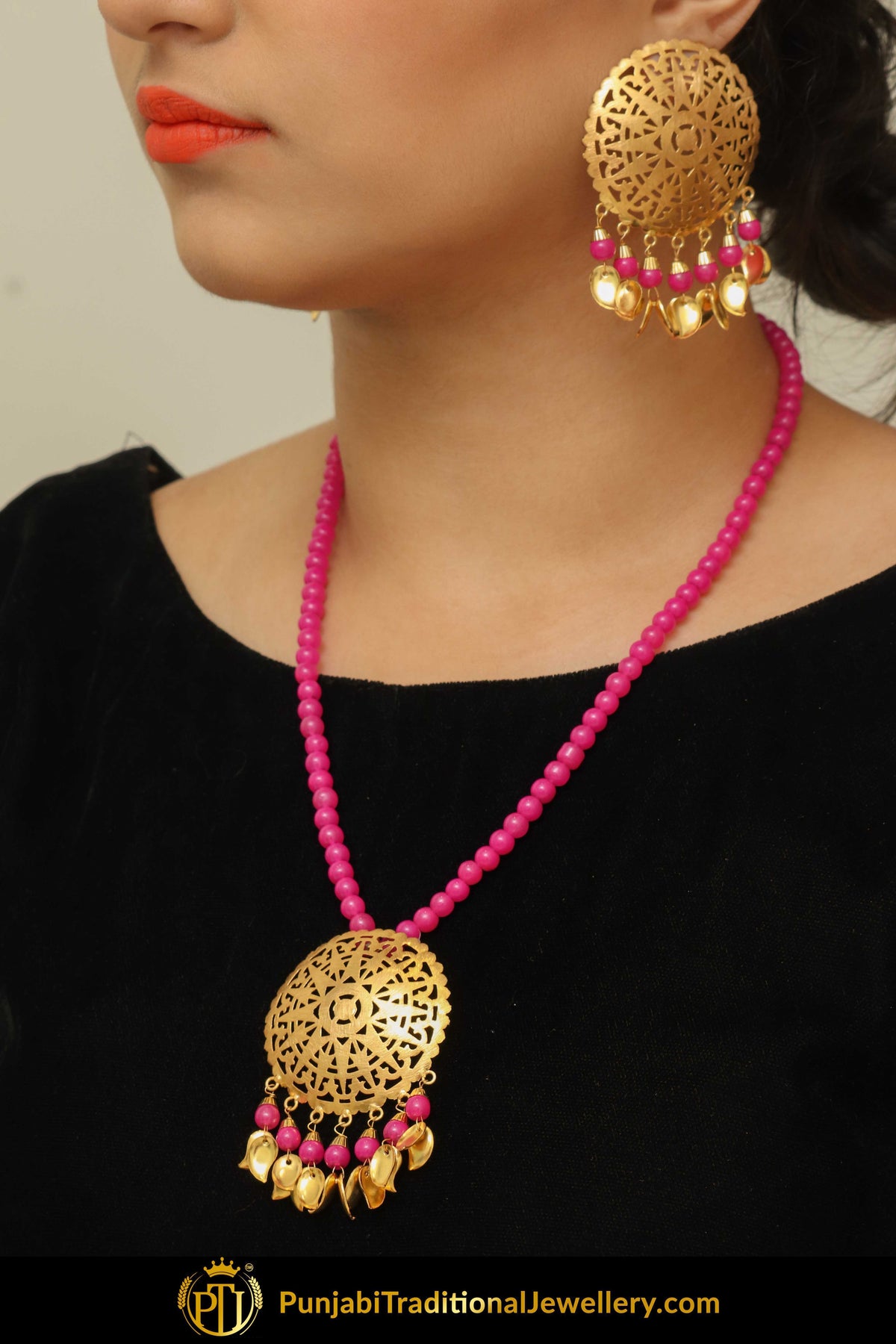 Imsaal Pearl Pink Pippal Patti Necklace & Stud Earrings | Punjabi Giddha Jewellery | Punjabi Traditional Jewellery Exclusive