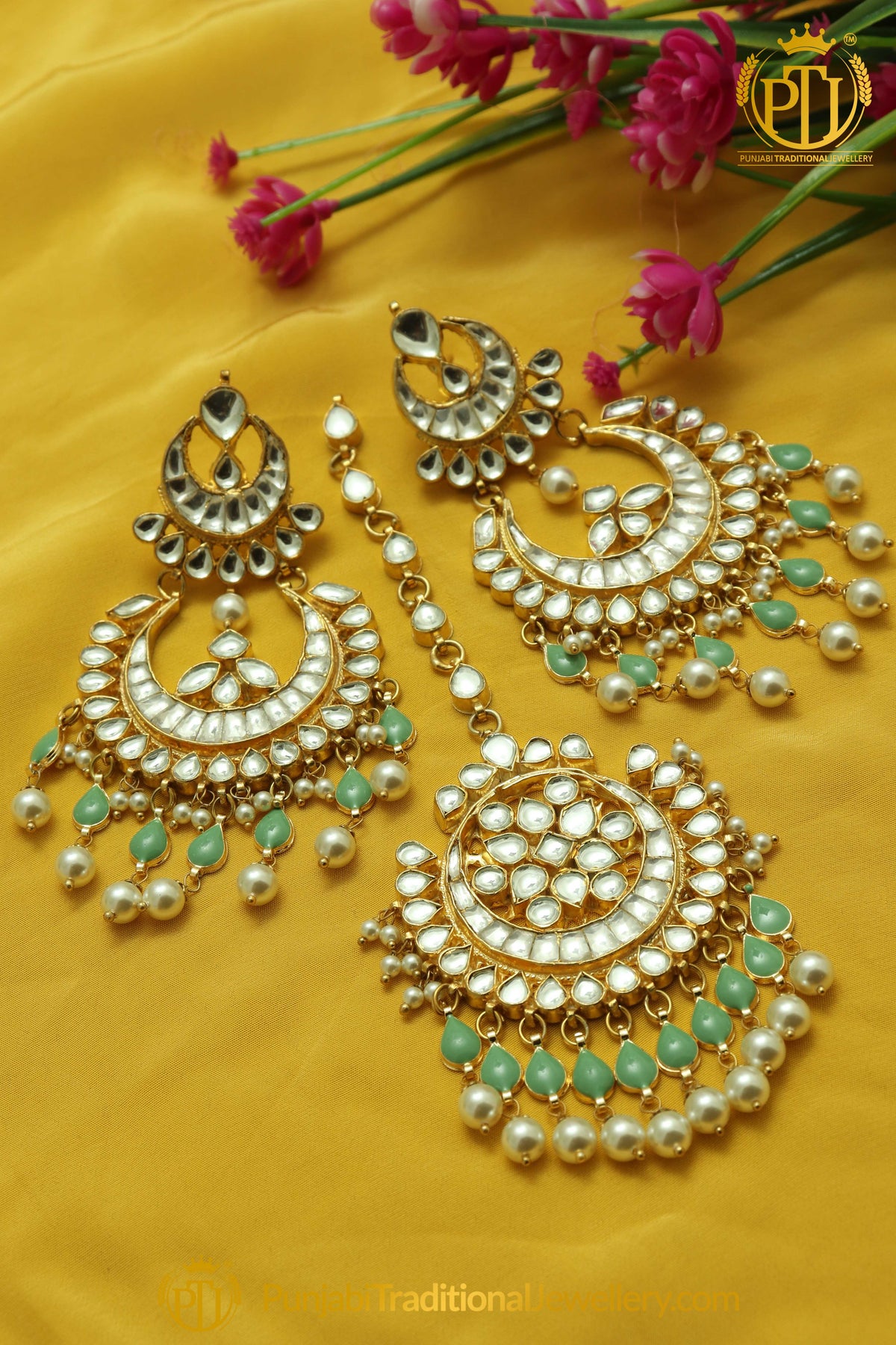Fern Green Colour kundan earrings Pearl Earring Tikka Set | Punjabi traditional Jewellery Exclusive