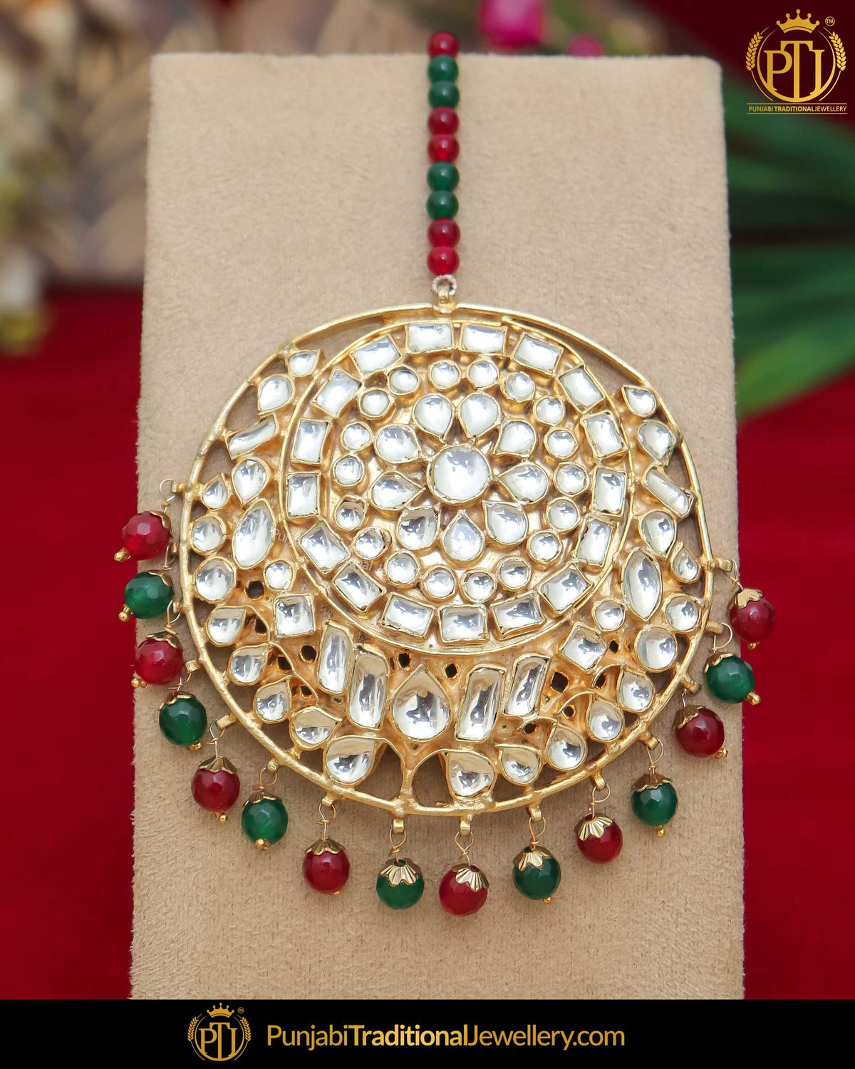 Gold Finished Kundan Green Red Pearl Tikka | Punjabi Traditional Jewellery Exclusive
