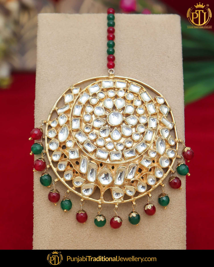 Gold Finished Kundan Green Red Pearl Tikka | Punjabi Traditional Jewellery Exclusive