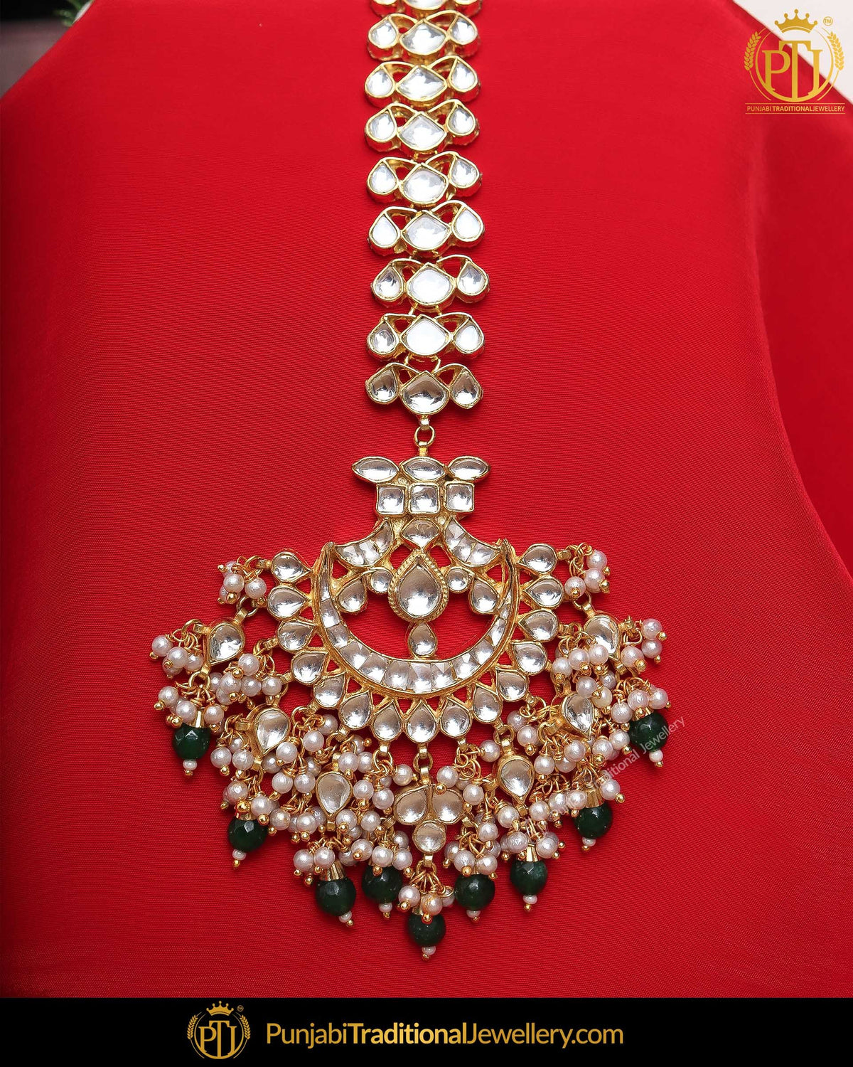 Gold Finished Emerald Kundan Pearl Tikka | Punjabi Traditional Jewellery Exclusive