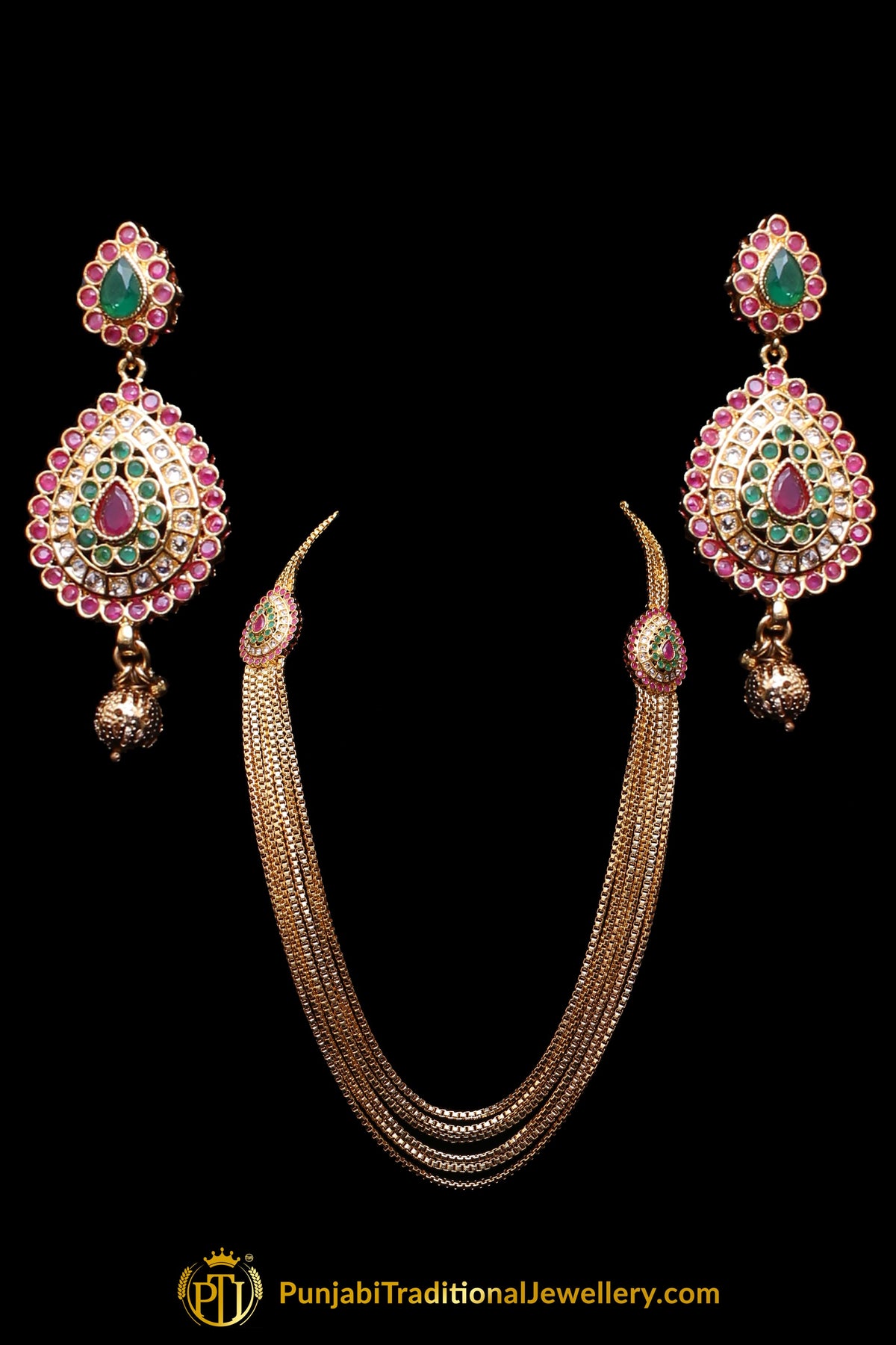 Green Red Polki Antique Gold Necklace Set By Punjabi Traditional Jewellery