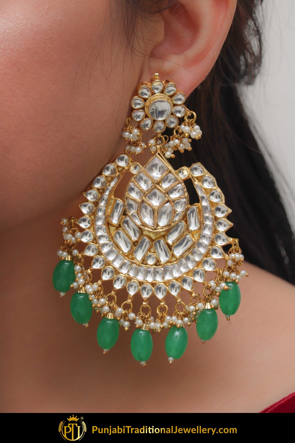 Hafeezah Emerald Kundan Earring Tikka Set | Punjabi Traditional Jewellery Exclusive