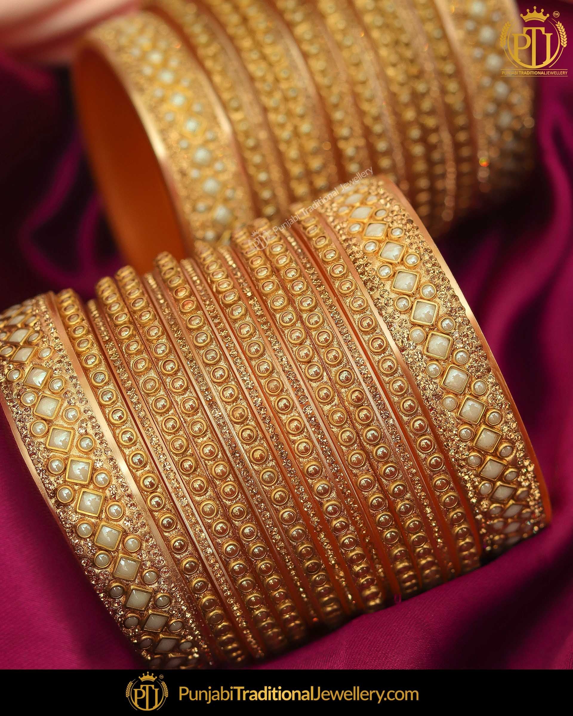 Gold Finished Pearl Bangles Set (Both Hand Pair) | Punjabi Traditional Jewellery Exclusive