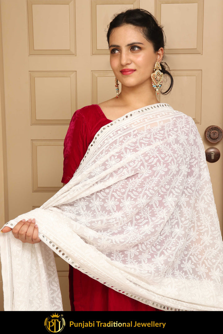 White Color Pure Phulkari Dupatta By Punjabi Traditional Jewellery
